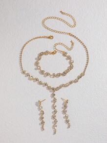 Korean Style Tassel Fashion Model Accessory Shiny Rhinestone Silver Necklace Bracelet Set