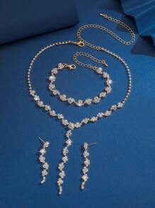 Korean Style Tassel Fashion Model Accessory Shiny Rhinestone Silver Necklace Bracelet Set