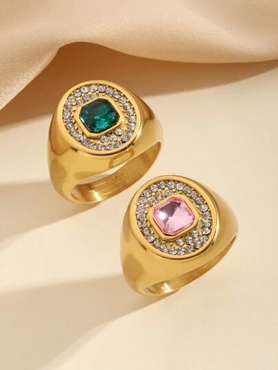 2pcs Stainless Steel Fashion Gorgeous Golden Yellow Rings, Pink And Green Gemstone Inlaid Rhinestone Casting Ring Set, Suitable For Women's Daily Dress Up Or Gift Giving