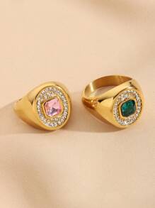 2 件不锈钢时尚华丽金黄色戒指，粉色和绿色宝石镶嵌水钻铸造戒指套装，适合女性日常装扮或送礼 - 金黃色 - 查看 2