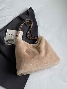 Large Capacity Fuzzy Tote Bag, Fashion Women Underarm Handbag, Bow Decor Shoulder Dual Strap Multipurpose Bag - Khaki - View 4