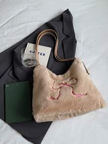 Large Capacity Fuzzy Tote Bag, Fashion Women Underarm Handbag, Bow Decor Shoulder Dual Strap Multipurpose Bag - Khaki - View 6