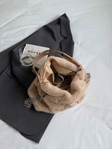Large Capacity Fuzzy Tote Bag, Fashion Women Underarm Handbag, Bow Decor Shoulder Dual Strap Multipurpose Bag - Khaki - View 3