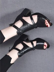 Giày sandal phong cách La Mã mùa hè mới 2025 cho nữ, giày cao gót hở mũi, giày bốt da mềm hở gót giữa mùa hè - màu đen - Xem 5