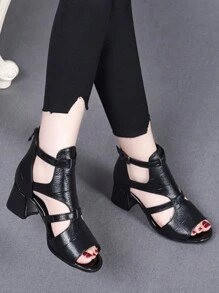 Giày sandal phong cách La Mã mùa hè mới 2025 cho nữ, giày cao gót hở mũi, giày bốt da mềm hở gót giữa mùa hè - màu đen - Xem 6