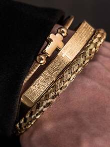 3pcs Fashionable Stainless Steel Braided Elastic Rope Open Cuff Bracelet, Unisex Simple Design - Bracelet - View 1