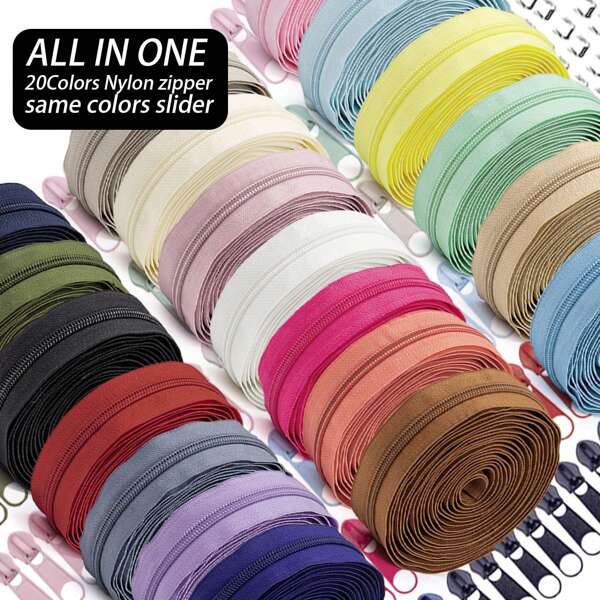 1 Set, 20 Rolls Assorted Color Nylon Zipper (Each Roll 4.5m/5yd/177in) With Matching Color Zipper Pulls (10 Per Color) And Stopper. 20 Common Colors, Customizable Length For Apparel, Bags, Home Textiles DIY