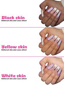 24片紫色和白色渐变法式假指甲，带有3D蝴蝶和金色线条艺术设计，亮面全覆盖式按压指甲，适合女性、女孩、派对和日常佩戴。