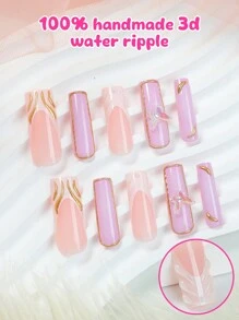 24片紫色和白色渐变法式假指甲，带有3D蝴蝶和金色线条艺术设计，亮面全覆盖式按压指甲，适合女性、女孩、派对和日常佩戴。