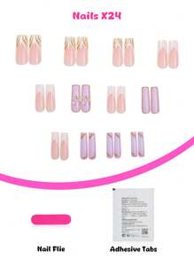 24片紫色和白色渐变法式假指甲，带有3D蝴蝶和金色线条艺术设计，亮面全覆盖式按压指甲，适合女性、女孩、派对和日常佩戴。