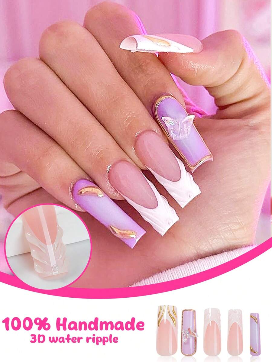 24片紫色和白色渐变法式假指甲，带有3D蝴蝶和金色线条艺术设计，亮面全覆盖式按压指甲，适合女性、女孩、派对和日常佩戴。