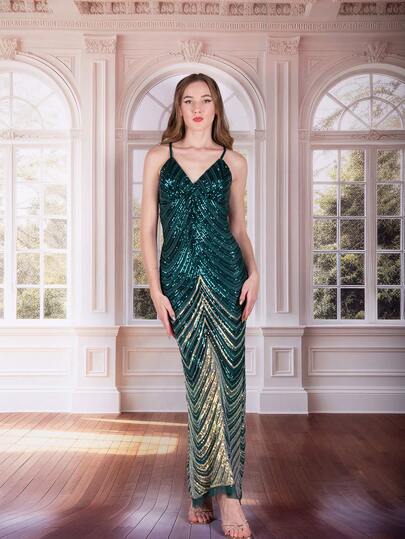 ANGEL FASHIONS Women's V-Neck Spaghetti Strap Tie-Up Gold Green Sequins Patchwork Long Evening Dress, Formal Prom Gown, For Wedding Guest, Graduation, Dinner