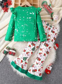 Weihnachtsset für Kleine Mädchen mit langärmeliger Bluse mit Rüschenkante und Weihnachtsmann-Muster und weitem Hose mit flauschigem Saum - Grün - Übersicht 2