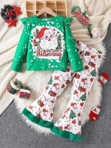 Weihnachtsset für Kleine Mädchen mit langärmeliger Bluse mit Rüschenkante und Weihnachtsmann-Muster und weitem Hose mit flauschigem Saum - Grün - Übersicht 1