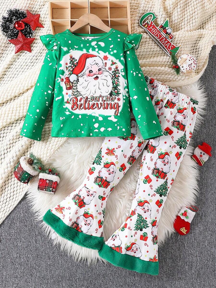 Weihnachtsset für Kleine Mädchen mit langärmeliger Bluse mit Rüschenkante und Weihnachtsmann-Muster und weitem Hose mit flauschigem Saum - Grün - Übersicht 1