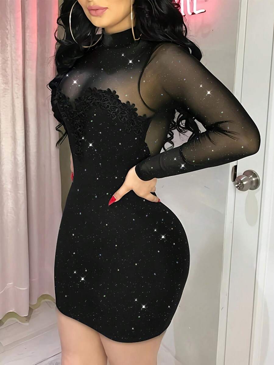 Đầm ngắn ôm sát cơ thể tay dài đính sequin, chất liệu lưới xuyên thấu, phối nhiều mảng vải, kiểu dáng gợi cảm, thích hợp cho tiệc tùng mùa xuân thanh lịch. - màu đen - Xem 1