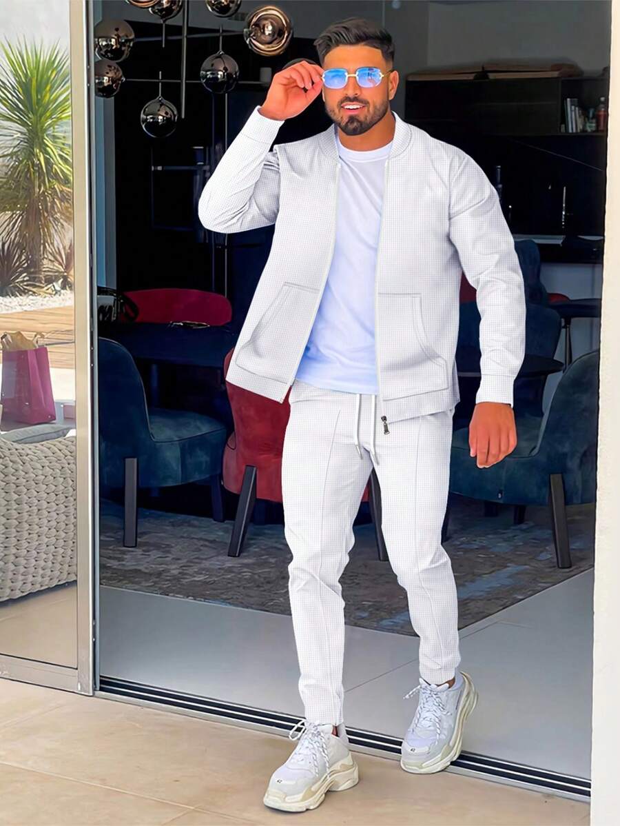 1 Set Baseball Collar Plain Long Sleeve Cardigan Jacket + Long Pants, 2pcs, Fall Clothes - White - View 1