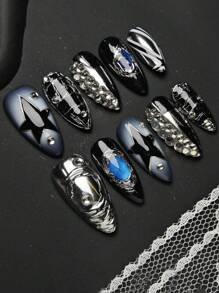 10 件 Y2K 中号杏仁形渐变蓝黑五角星水钻美甲装饰，手工按压指甲美甲用品 - 彩色 - 查看 1