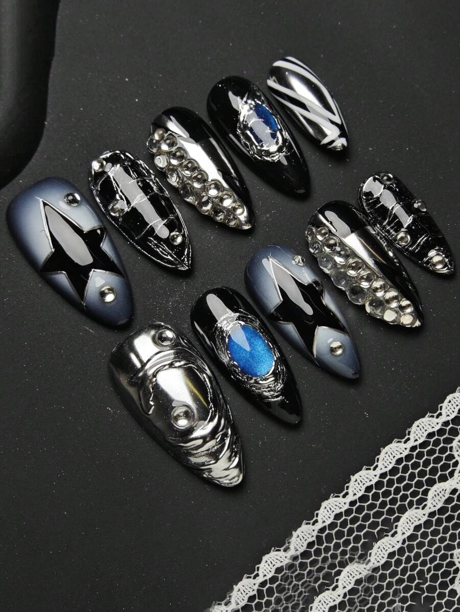 10 件 Y2K 中号杏仁形渐变蓝黑五角星水钻美甲装饰，手工按压指甲美甲用品 - 彩色 - 查看 1