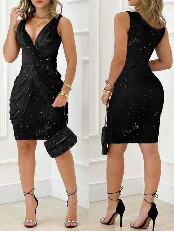 ChicMe Glitter Sleeveless Twist Design V Neck Slim Fit Sexy Party Mini Dress For Women