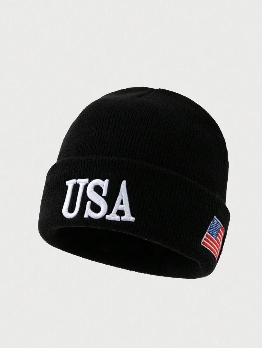 1 件男士时尚刺绣美国国旗针织帽，冬季保暖日常秋季服装 - 彩色 - 查看 1