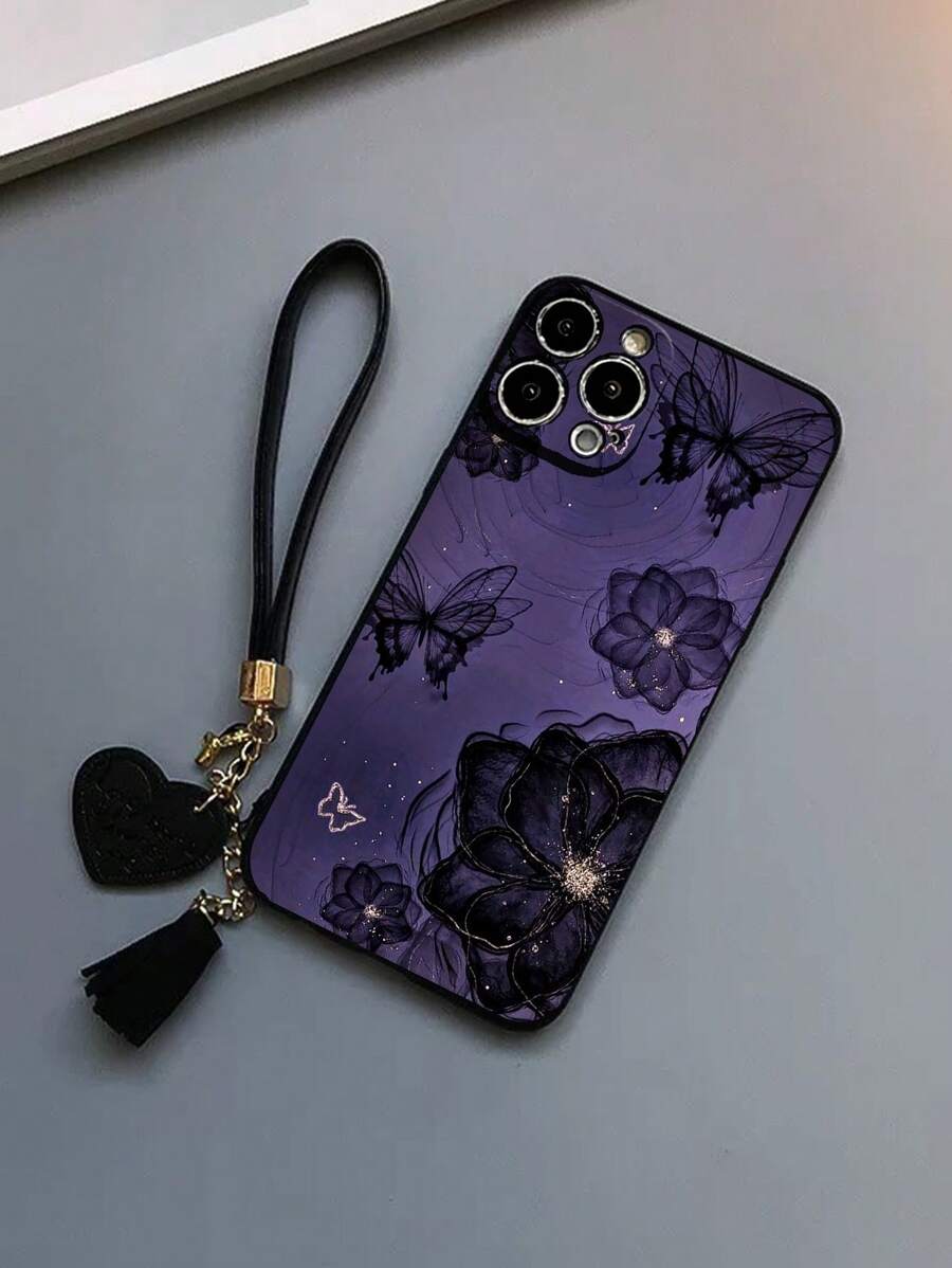 1 chiếc ốp lưng điện thoại dày dặn, viền đục lỗ, trang trí hoa và bướm, chống rơi vỡ, kèm dây đeo hình trái tim bằng da có thể tháo rời, phụ kiện trang trí điện thoại dạng tua rua, tương thích với iPhone và Redmi.
