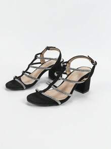 Qin TiNian 女士高跟凉鞋，春夏新品，露趾系带圆头闪亮水钻装饰，优雅女士派对婚礼中跟踝带手工凉鞋 - 黑色 - 查看 7