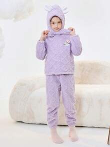 Balabala Tween Girl' 睡衣男孩和女孩冬季家居服套装，厚珊瑚绒，卡通印花 - 紫色 - 查看 1