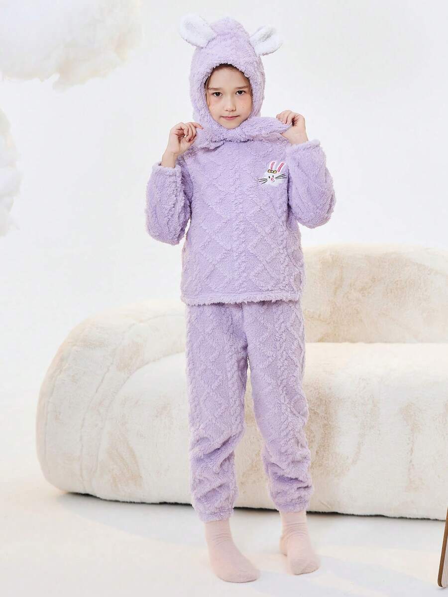 Balabala Tween Girl' 睡衣男孩和女孩冬季家居服套装，厚珊瑚绒，卡通印花 - 紫色 - 查看 1