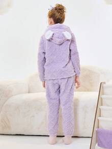 Balabala Tween Girl' 睡衣男孩和女孩冬季家居服套装，厚珊瑚绒，卡通印花 - 紫色 - 查看 2