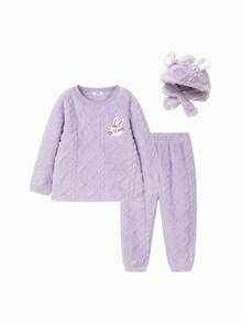 Balabala Tween Girl' 睡衣男孩和女孩冬季家居服套装，厚珊瑚绒，卡通印花 - 紫色 - 查看 4