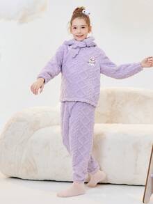 Balabala Tween Girl' 睡衣男孩和女孩冬季家居服套装，厚珊瑚绒，卡通印花 - 紫色 - 查看 3