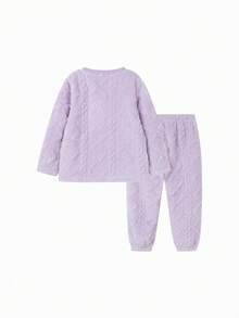 Balabala Tween Girl' 睡衣男孩和女孩冬季家居服套装，厚珊瑚绒，卡通印花 - 紫色 - 查看 5