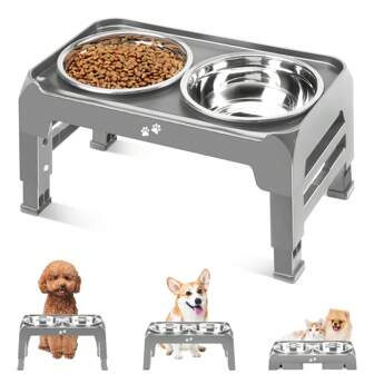 Elevated Dog Bowls For Small To Medium Dogs 3 Height Adjustable Raised Dog Bowl Racks 6" Stainless Steel Dog Food Bowls Anti-Slip Dog Feeder Adjustable To 2.75", 6", 7.5", Black, Gray, Light Brown Gray