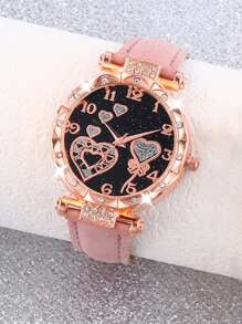 1 Pc Girls Pink PU Strap Cute Rhinestone Heart Shaped Dial Quartz Watch & 5 Pcs Rhinestone Jewelry Set Gift - Pink - View 2