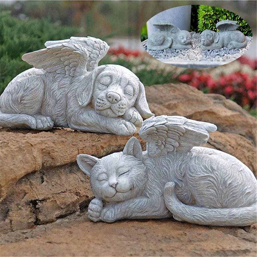 Angel Dog And Angel Cat Memorial Stones Statue Sleeping Ornament For Passing Away Bereavement Pet Loss Sympathy Memory Gifts Remembrance,Exhart Cat Statue, Pet Memorial Sleeping Cat Garden Sculpture With Angel Wings, Outdoor Garden Decoration
