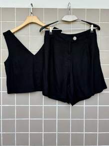 Linen Shorts+Tank Top Set - 黑色 - 查看 2