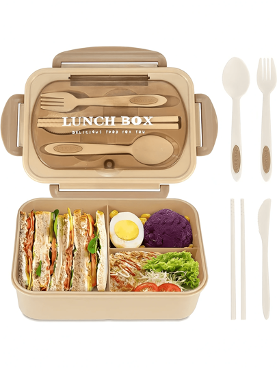 1 pieza Caja bento de 1200ml para adultos, recipiente para el almuerzo a prueba de fugas con utensilios, caja de almuerzo de 3 compartimentos, disponible en rosa/azul/caqui/verde, regalo de Navidad, artículos escolares