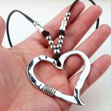 1 Pieza Collar con colgante en forma de corazón de estilo bohemio, cadena ajustable para jersey con gran corazón, collar de cuerda para San Valentín, Mamá, Madre, Día de la Madre, Regalo - Plateado - Ver 3