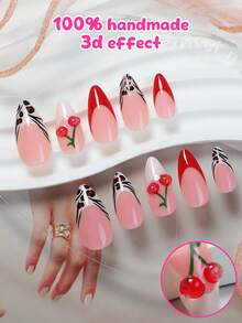 24 chiếc móng tay giả dài vừa phải làm thủ công màu hạnh nhân, nhiều màu, họa tiết sọc ngựa vằn, phong cách Pháp và quả anh đào 3D dành cho nữ, dùng hàng ngày - Nhiều màu - Xem 3