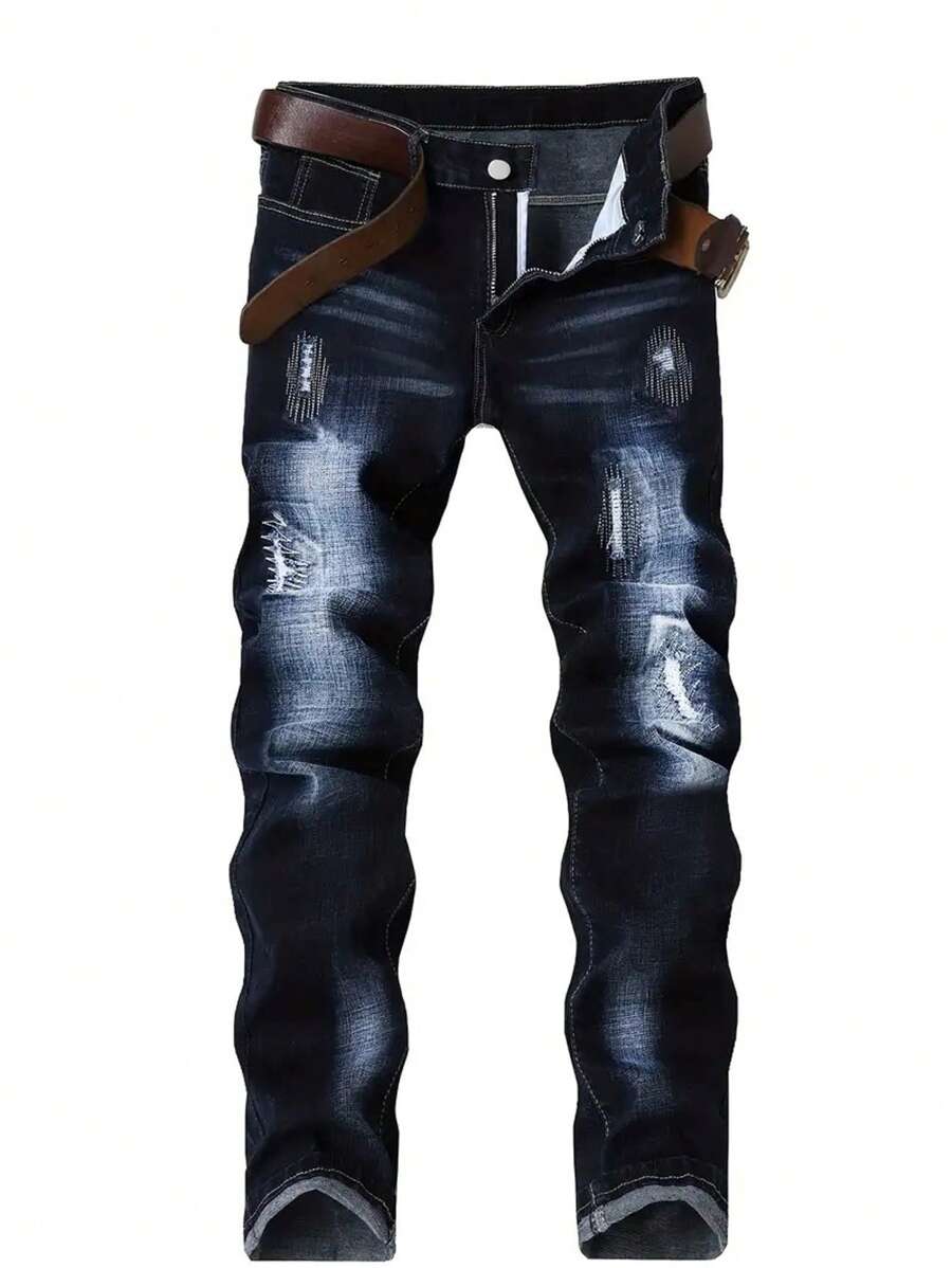 Herren modische minimalistische, abgenutzte Vintage Jeans - Dunkle Waschung - Übersicht 1