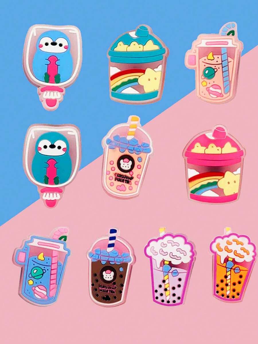 10 piezas de botones decorativos de PVC en forma de lindo té con leche rosado, cono de helado, pastel y zuecos, adornos para zapatos multiusos, desmontables y reemplazables, ideales para manualidades y personalizar zapatos.