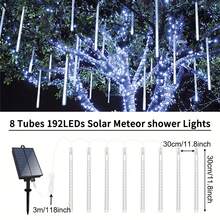 Dây đèn mưa sao băng năng lượng mặt trời, 8 bóng đèn 192LED, chống thấm nước, đèn thả tuyết rơi hình giọt nước cho cây, trang trí tiệc cưới trong vườn, lễ Giáng sinh, lễ Tạ ơn và Halloween, quà tặng ngày lễ năm mới, đèn dây ngoài trời năng lượng mặt trời - Trắng - Xem 3