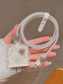 5 件/套玫瑰/蝴蝶设计彩色充电适配器头保护器、电缆卷绕整理器、适合 1.5 米充电和数据线、兼容 iPhone 12/13/14 和 20w 快速充电适配器、数据线支架、防断卷绕器、TPU 充电头保护套 - 彩色 - 查看 4