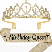 2件套，生日女王高脚杯绶带水钻皇冠套装，生日礼物，女士生日绶带，生日派对用品，皇冠和丝带，适合30岁、40岁、50岁、16岁、18岁、20岁、19岁、21岁、60岁等任何年龄，婚礼派对皇冠，新娘皇冠，情人节配饰