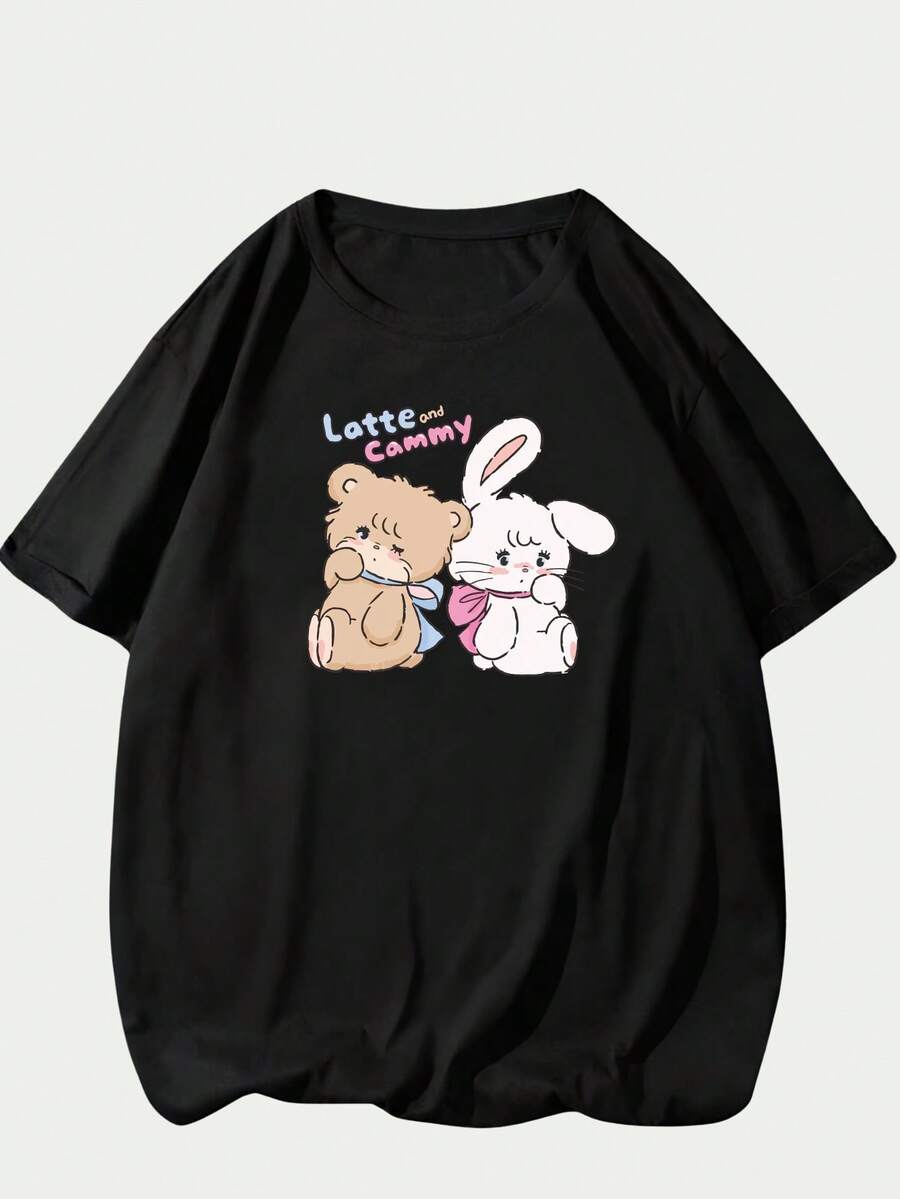 Latte Cammy Printed T-Shirt Unisex Streetwear Comfortable Short Sleeve T-Shirt Top - màu đen - Xem 1