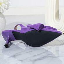 时尚紫色高跟尖头仿麂皮蝴蝶结装饰露跟芭蕾平底鞋 - 淡紫色 - 查看 6