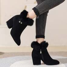 Stivali neri con punta affusolata e tacco alto di taglia grande per donna, nuova versione autunno/inverno con fodera in pelliccia, suola spessa e cerniera decorata con strass, da indossare con abiti per donna