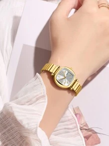1 pieza Reloj de cuarzo vintage con correa de acero inoxidable para mujer, versátil para uso diario