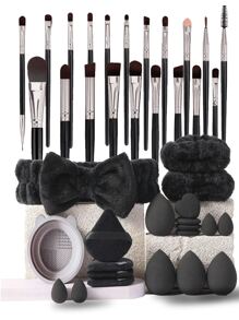 Set de 40 herramientas de maquillaje profesional, que incluye: 20 piezas set de brochas de maquillaje (brocha de base, brocha de polvos, brocha de cejas, brocha de rubor, brocha de iluminador, brocha de sombras, brocha de pestañas, brocha de delineador, brocha de contorno, brocha de detalle, brocha de nariz, brocha facial), 4 piezas de esponjas de maquillaje, 4 piezas de borlas de terciopelo triangulares para polvos, 4 piezas de mini blenders de maquillaje, 4 piezas de borlas para polvos en la punta de los dedos, 1 pieza de diadema/2 piezas de muñequeras, 1 pieza de bandeja para limpiar brochas